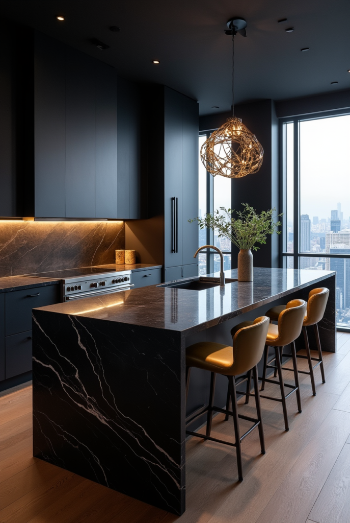 Kitchen Styling Countertops: 15 Smart Ways to Refresh Your Space 11 Kitchen styling countertops with sleek black marble, warm accent lighting, gold barstools, and a statement pendant light overlooking the city.