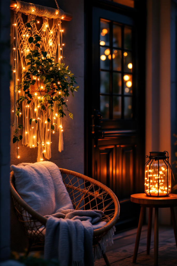 Spring Porch Décor: 7 Simple Ideas for a Stylish Entryway 10 Spring porch decor with a cozy wicker chair, soft blankets, a macramé plant hanger with fairy lights, and a lantern glowing beside a dark door.