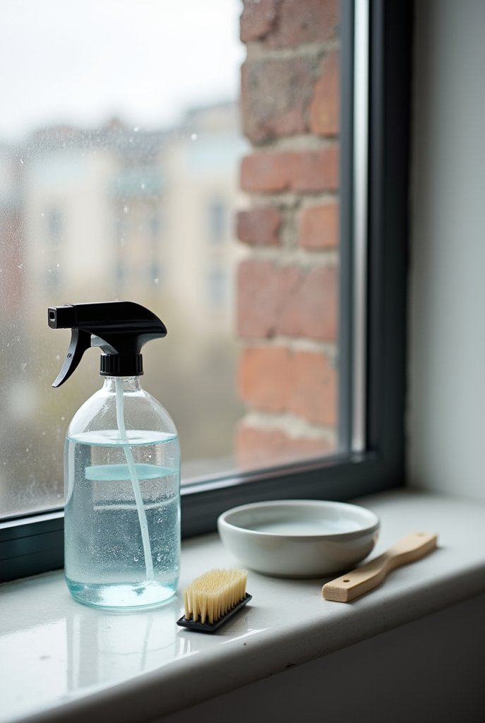 Spring Cleaning Checklist: 15 Tips for a Spotless Apartment 11 Natural cleaning supplies for Spring Cleaning, including a spray bottle, brush, and bowl, set on a windowsill with a rainy city view.
