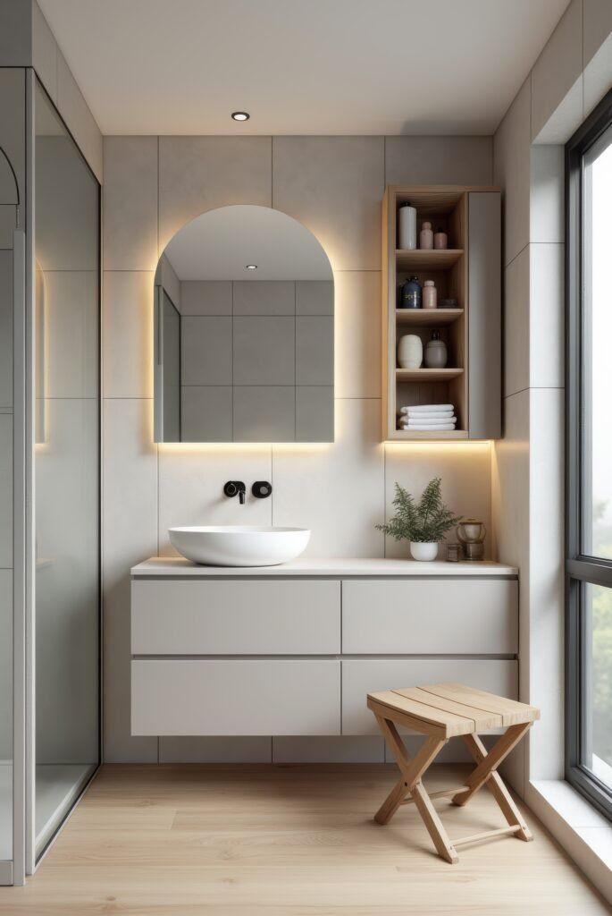 Scandinavian Bathroom: 15 Amazing Ideas for a Calm Space 13 Scandinavian bathroom with a floating vanity, arched backlit mirror, wood shelving, vessel sink, and a folding stool by a large window.