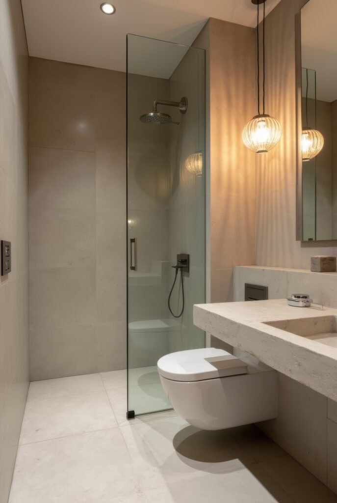 Japandi Bathroom: 7 Must-Know Tips for an Amazing Zen Look 11 Japandi bathroom with a floating stone vanity, glass-enclosed shower, warm pendant lighting, and minimalist neutral-toned design.