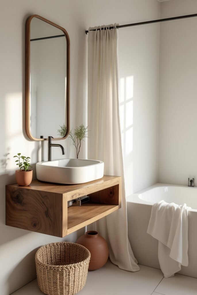 Wabi Sabi Bathroom: 15 Proven Tips to Transform Your Space 12 Wabi Sabi bathroom with a floating wood vanity, ceramic vessel sink, soft curtains, and natural accents creating a serene, minimalist space.