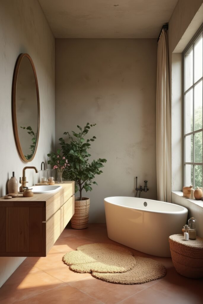 Wabi Sabi Bathroom: 15 Proven Tips to Transform Your Space 13 Wabi Sabi bathroom with a freestanding tub, floating wood vanity, earthy tones, and natural textures bathed in soft, warm light.