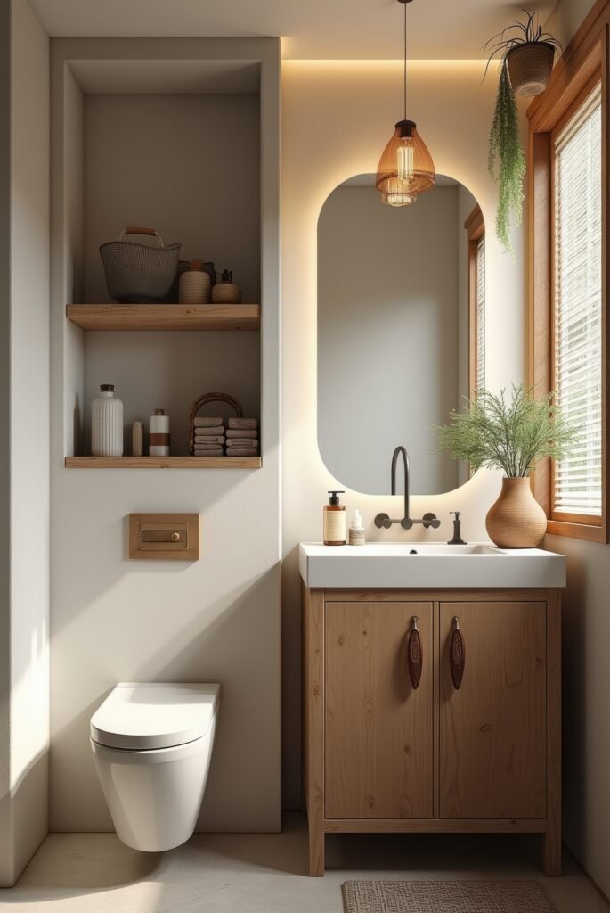 Wabi Sabi Bathroom: 15 Proven Tips to Transform Your Space 14 Wabi Sabi bathroom with a wooden vanity, soft lighting, natural textures, and earthy decor creating a warm, minimalist, and serene space.