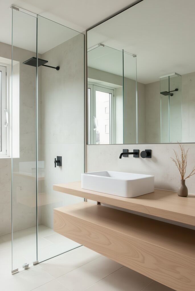 Scandinavian Bathroom: 15 Amazing Ideas for a Calm Space 14 Scandinavian bathroom with a floating wood vanity, rectangular vessel sink, black fixtures, and a glass-enclosed shower with natural light.