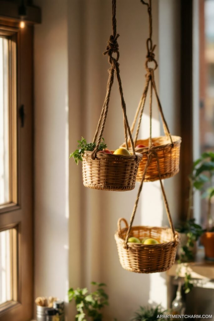 DIY Dollar Store Hacks: Genius Ways to Transform Your Apartment 12 Hanging woven baskets with fruit and herbs by a window create rustic charm using DIY Dollar Store Hacks.