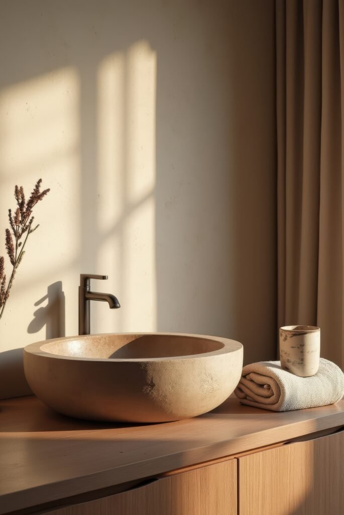 Wabi Sabi Bathroom: 15 Proven Tips to Transform Your Space 15 Wabi Sabi bathroom with a textured stone sink, minimalist faucet, and soft sunlight casting shadows on natural wood and earthy decor.
