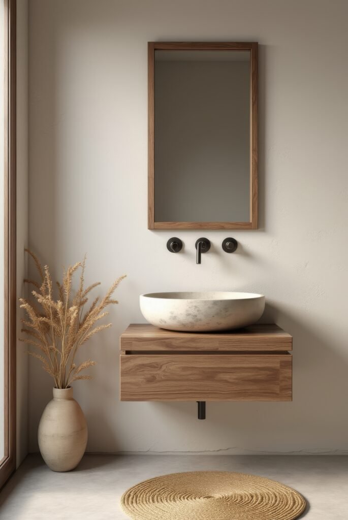 Wabi Sabi Bathroom: 15 Proven Tips to Transform Your Space 16 Wabi Sabi bathroom with a floating wood vanity, stone vessel sink, minimalist black faucet, and natural decor in soft, earthy tones.