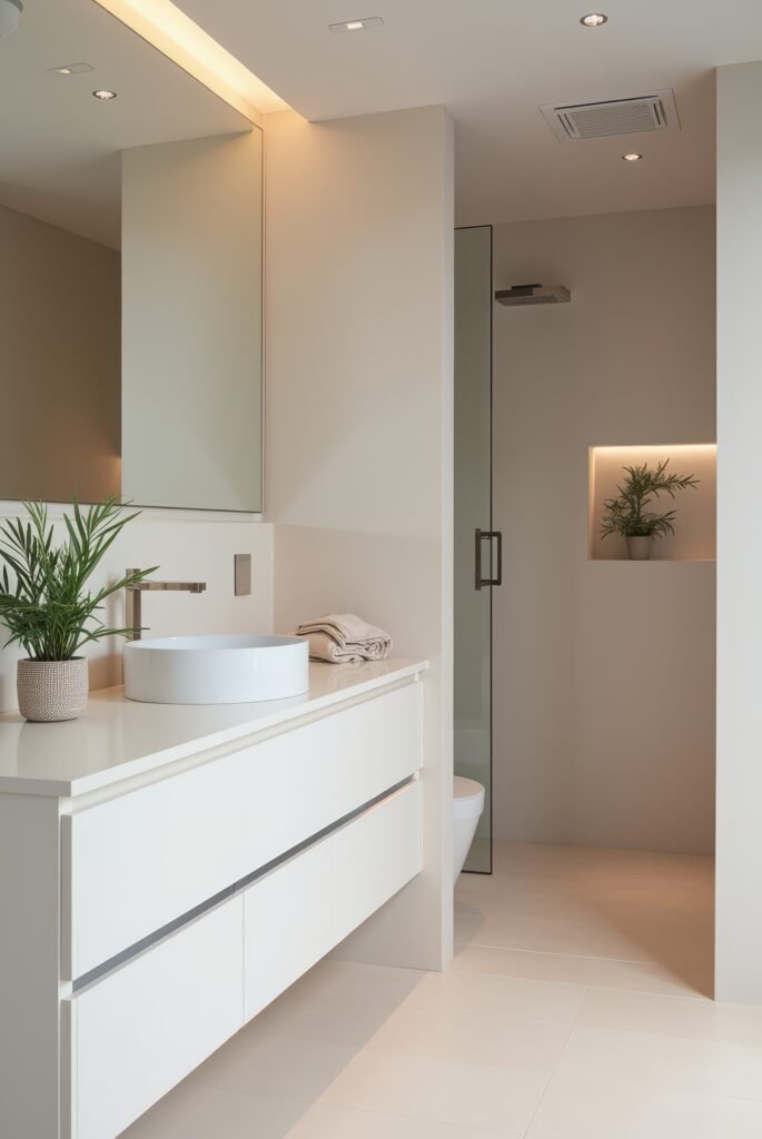 Scandinavian Bathroom: 15 Amazing Ideas for a Calm Space 15 Scandinavian bathroom with a white floating vanity, round vessel sink, glass-enclosed shower, and warm recessed lighting with natural accents.