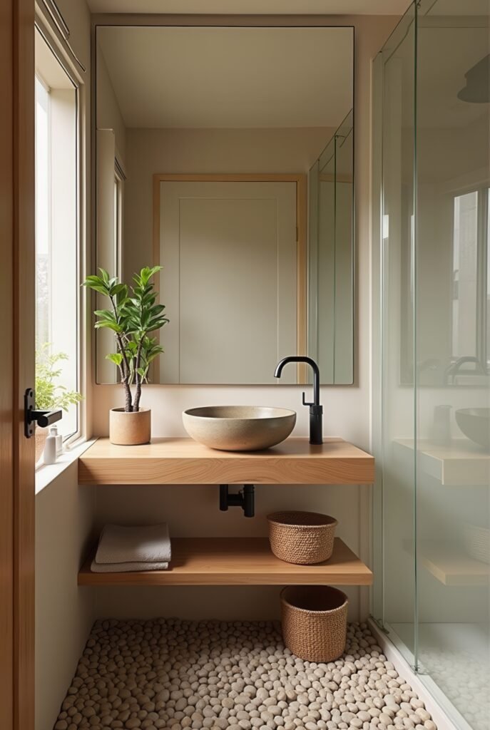 Japandi Bathroom: 7 Must-Know Tips for an Amazing Zen Look 13 Japandi bathroom with a wood floating vanity, stone vessel sink, black faucet, pebble flooring, and natural light enhancing the serene space.