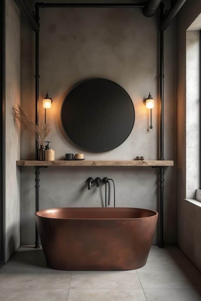 Wabi Sabi Bathroom: 15 Proven Tips to Transform Your Space 17 Wabi Sabi bathroom with an industrial touch, featuring a rust-toned freestanding tub, raw wood shelf, black fixtures, and moody lighting.