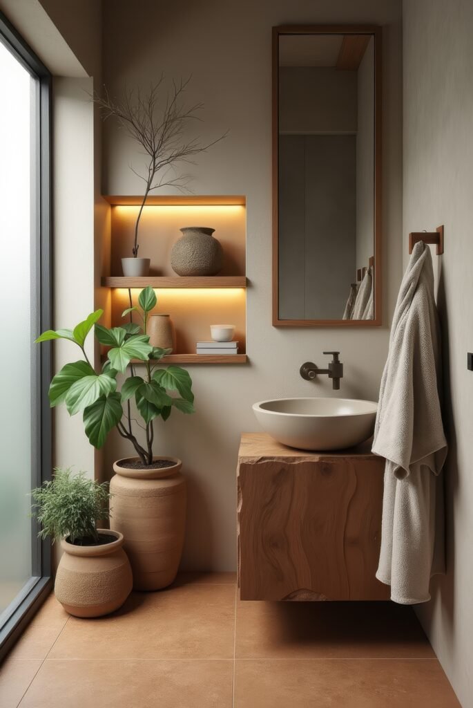 Wabi Sabi Bathroom: 15 Proven Tips to Transform Your Space 18 Wabi Sabi bathroom with a raw wood vanity, stone vessel sink, warm lighting, and earthy decor, creating a serene, nature-inspired space.