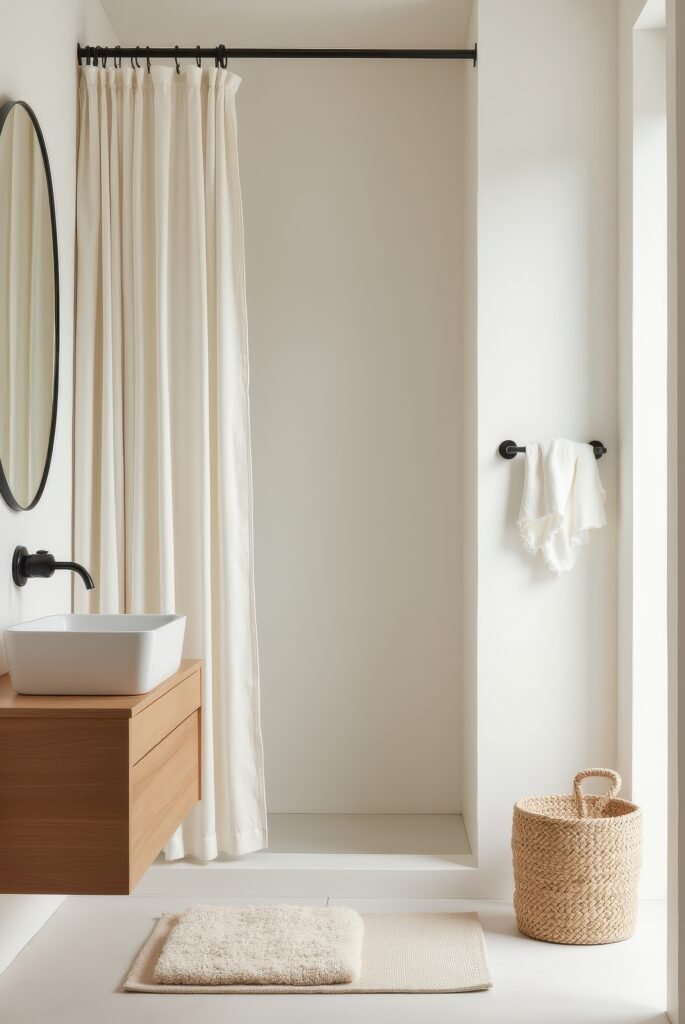 Scandinavian Bathroom: 15 Amazing Ideas for a Calm Space 16 Scandinavian bathroom with a floating wood vanity, vessel sink, black fixtures, a soft white shower curtain, and woven accents in neutral tones.
