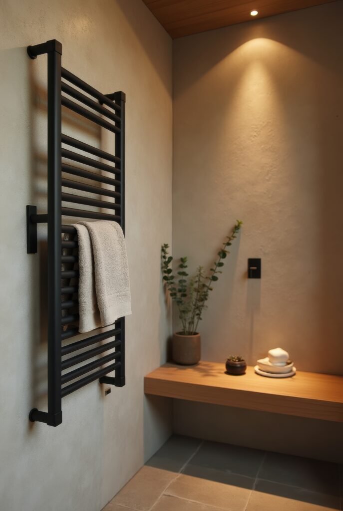 Japandi Bathroom: 7 Must-Know Tips for an Amazing Zen Look 14 Japandi bathroom with a black towel warmer, wood bench, soft lighting, and minimalist decor creating a warm and serene atmosphere.