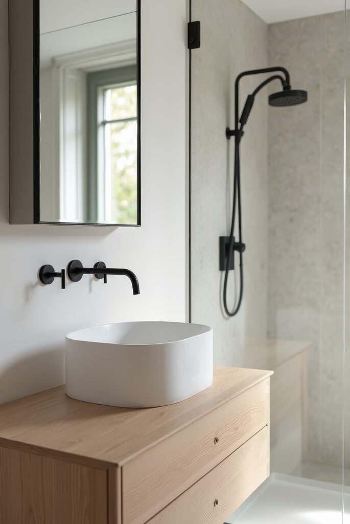 Scandinavian Bathroom: 15 Amazing Ideas for a Calm Space 17 Scandinavian bathroom with a wood vanity, white vessel sink, black wall-mounted faucet, and a glass-enclosed shower with matte black fixtures.