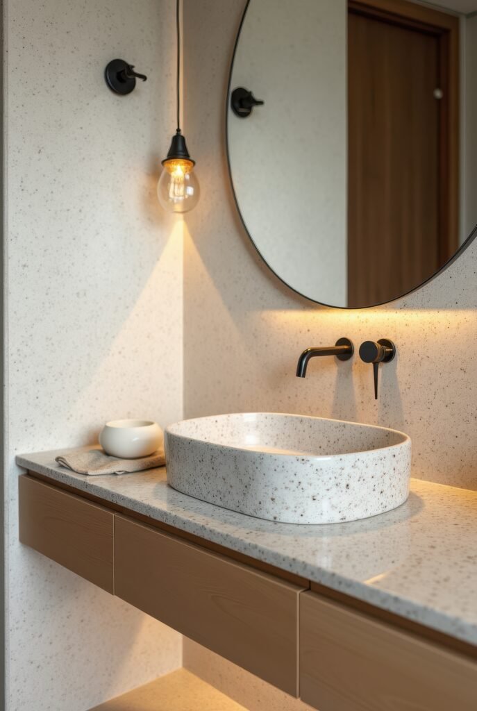 Japandi Bathroom: 7 Must-Know Tips for an Amazing Zen Look 15 Japandi bathroom with a speckled stone vessel sink, wood vanity, black fixtures, warm pendant lighting, and a round mirror.