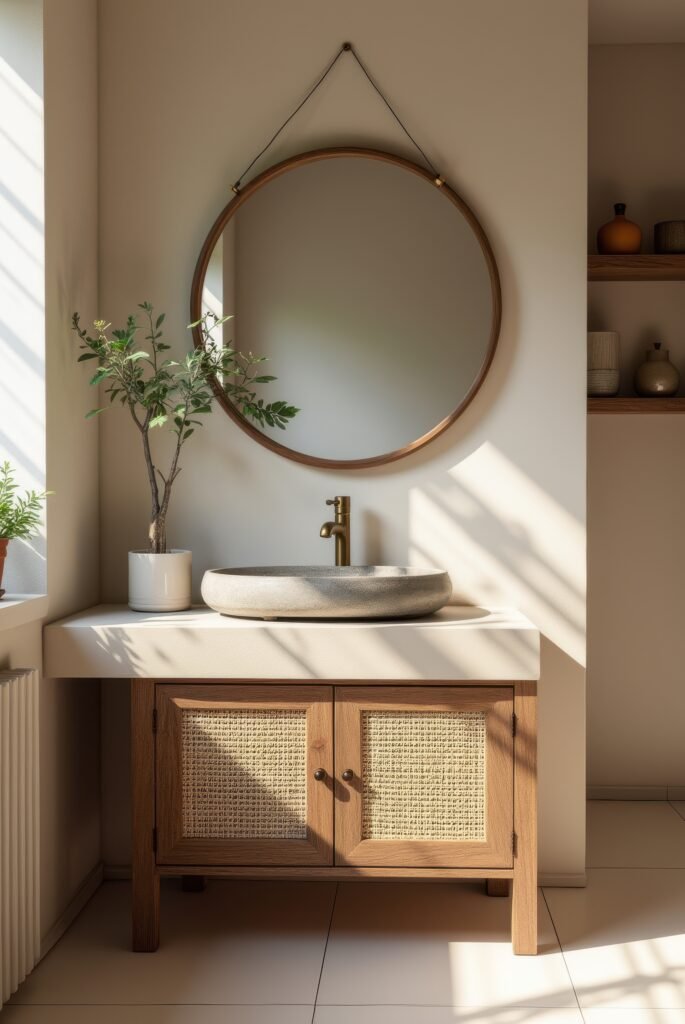 Wabi Sabi Bathroom: 15 Proven Tips to Transform Your Space 19 Wabi Sabi bathroom with a stone vessel sink, brass faucet, rattan vanity, and a round mirror, bathed in soft natural sunlight.
