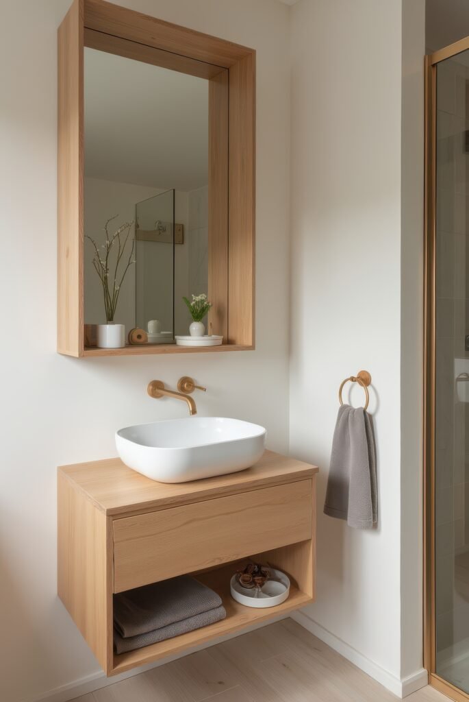Scandinavian Bathroom: 15 Amazing Ideas for a Calm Space 18 Scandinavian bathroom with a floating wood vanity, white vessel sink, brass wall-mounted faucet, built-in mirror cabinet, and soft neutral tones.