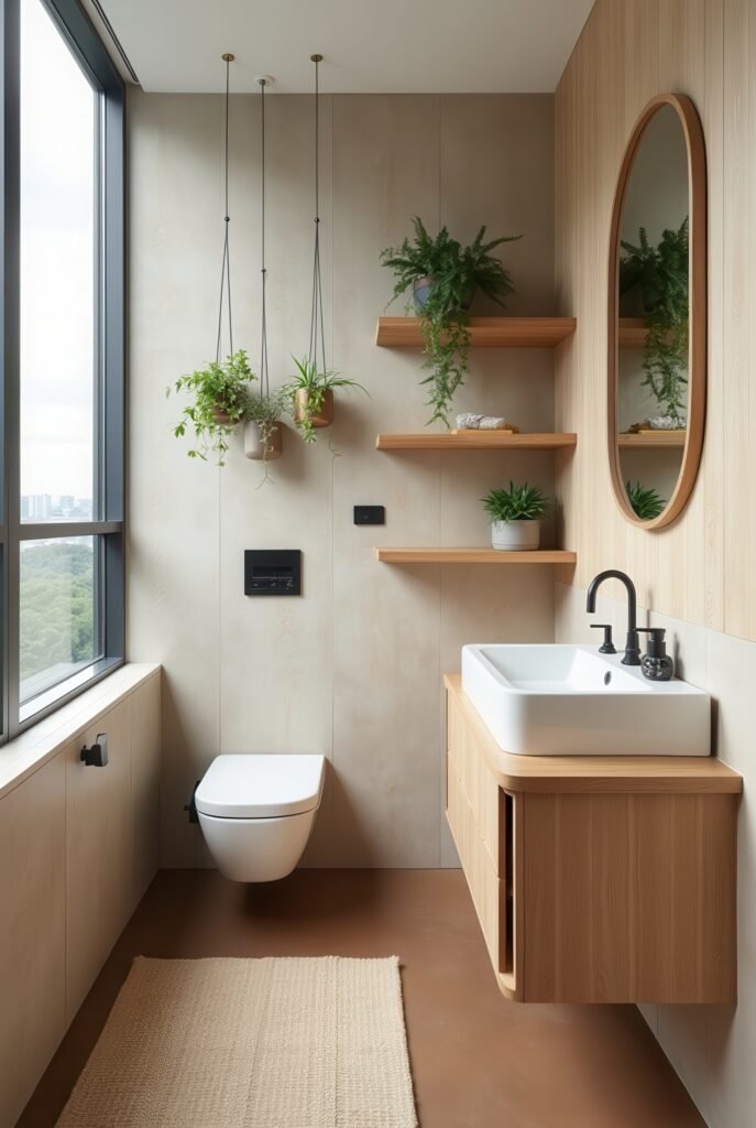 Japandi Bathroom: 7 Must-Know Tips for an Amazing Zen Look 16 Japandi bathroom with a wood floating vanity, black fixtures, hanging plants, open shelves, and a large window bringing in natural light.