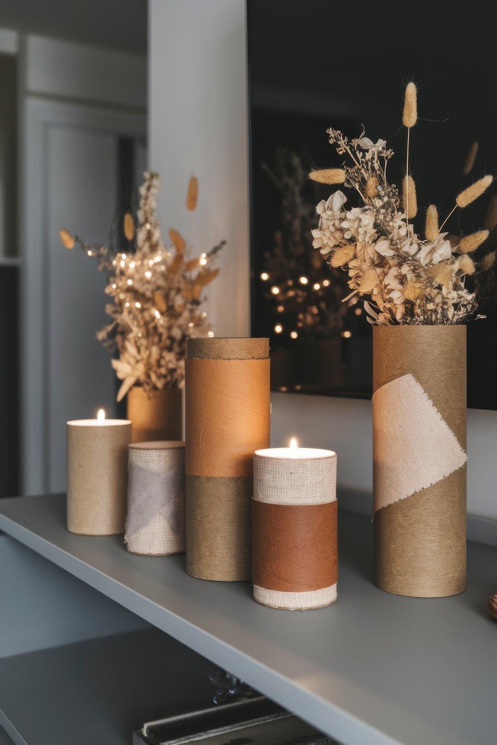 DIY Ideas with Cardboard Tubes : candle holders and vases made from cardboard tubes, wrapped in earthy-toned fabric, create a warm and rustic display on a shelf.