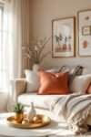 Bright and cozy living room with warm accents and gold decor touches styled using DIY Dollar Store Hacks.