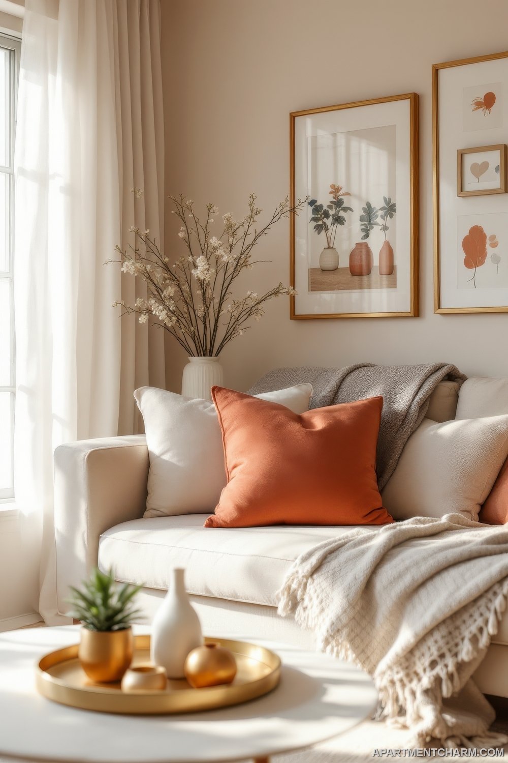 Bright and cozy living room with warm accents and gold decor touches styled using DIY Dollar Store Hacks.