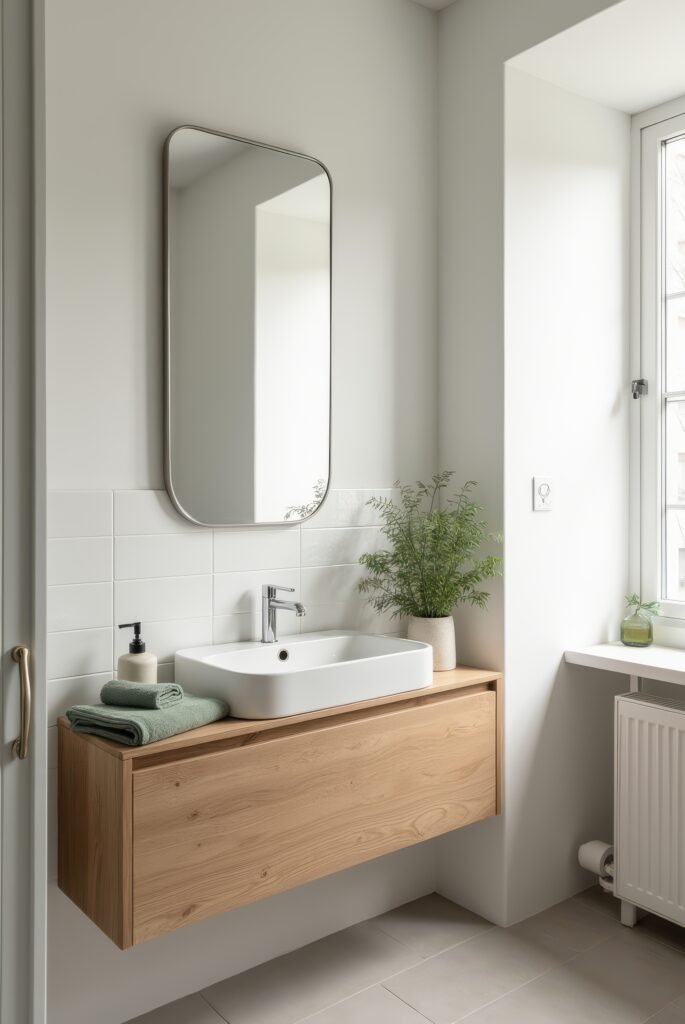 Scandinavian Bathroom: 15 Amazing Ideas for a Calm Space 2 Scandinavian bathroom with a floating wood vanity, white vessel sink, oval mirror, and greenery, lit by natural light from a window.