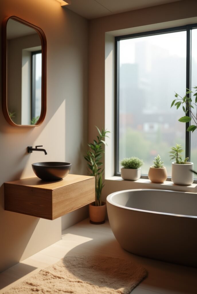 Japandi Bathroom: 7 Must-Know Tips for an Amazing Zen Look 2 Japandi bathroom with a floating wood vanity, black vessel sink, freestanding tub, and potted plants by a large window.