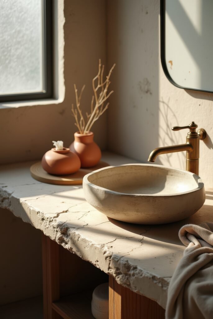 Wabi Sabi Bathroom: 15 Proven Tips to Transform Your Space 2 Wabi Sabi bathroom with a rustic stone sink, a brass faucet, and terracotta vases on a textured countertop bathed in sunlight.