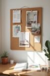 A sunlit workspace with a cork mood board displaying interior design inspiration, a wooden desk, and a color palette book.