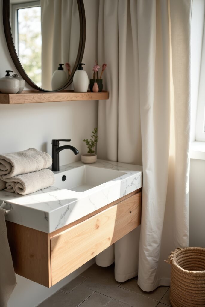 Scandinavian Bathroom: 15 Amazing Ideas for a Calm Space 3 Scandinavian bathroom with a wood vanity, marble sink, black faucet, round mirror, and soft lighting from a window with curtains.