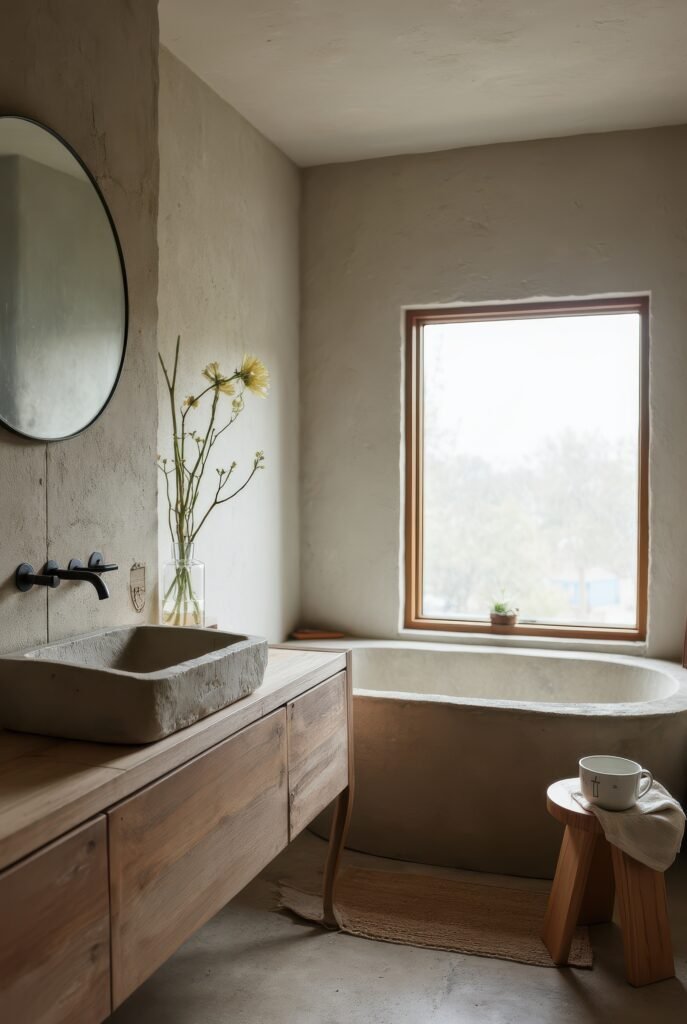 Japandi Bathroom: 7 Must-Know Tips for an Amazing Zen Look 3 Japandi bathroom with a stone sink, wood vanity, textured walls, and a built-in tub by a large window with natural light.