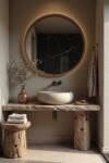 Wabi Sabi bathroom with a stone vessel sink, raw wood vanity, round backlit mirror, and earthy decor in a tranquil setting.