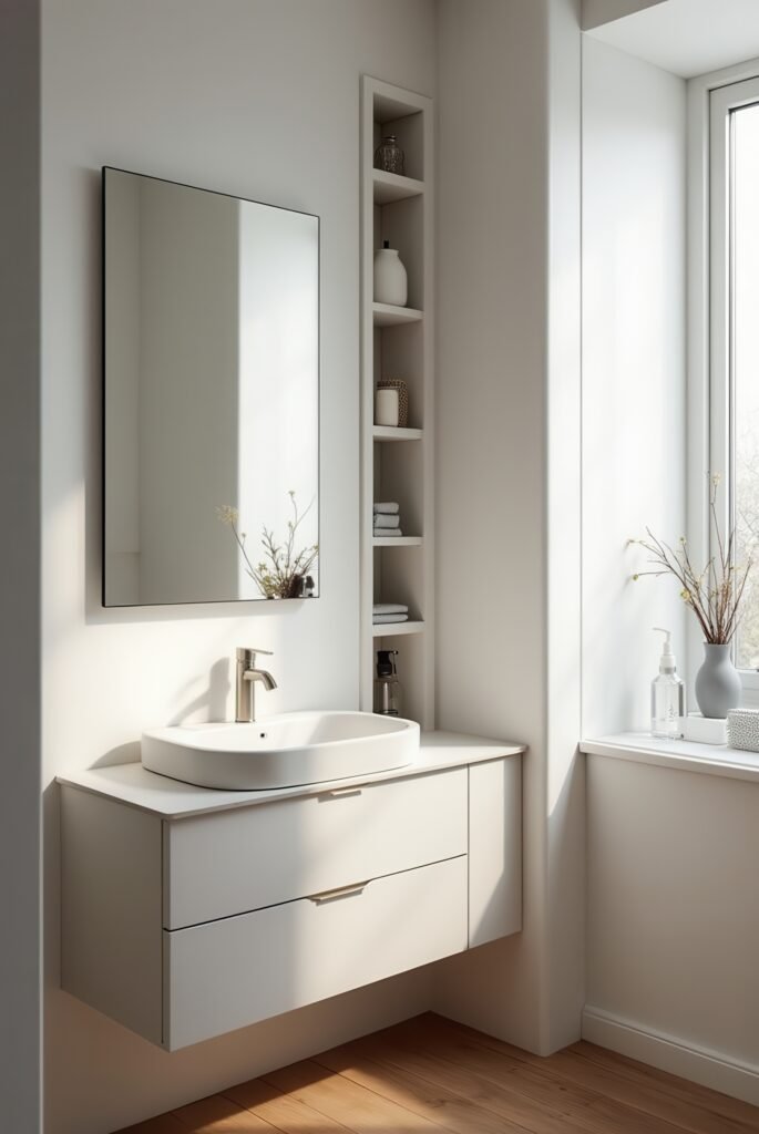 Scandinavian Bathroom: 15 Amazing Ideas for a Calm Space 4 Scandinavian bathroom with a white floating vanity, oval sink, built-in shelves, and soft natural light from a large window.