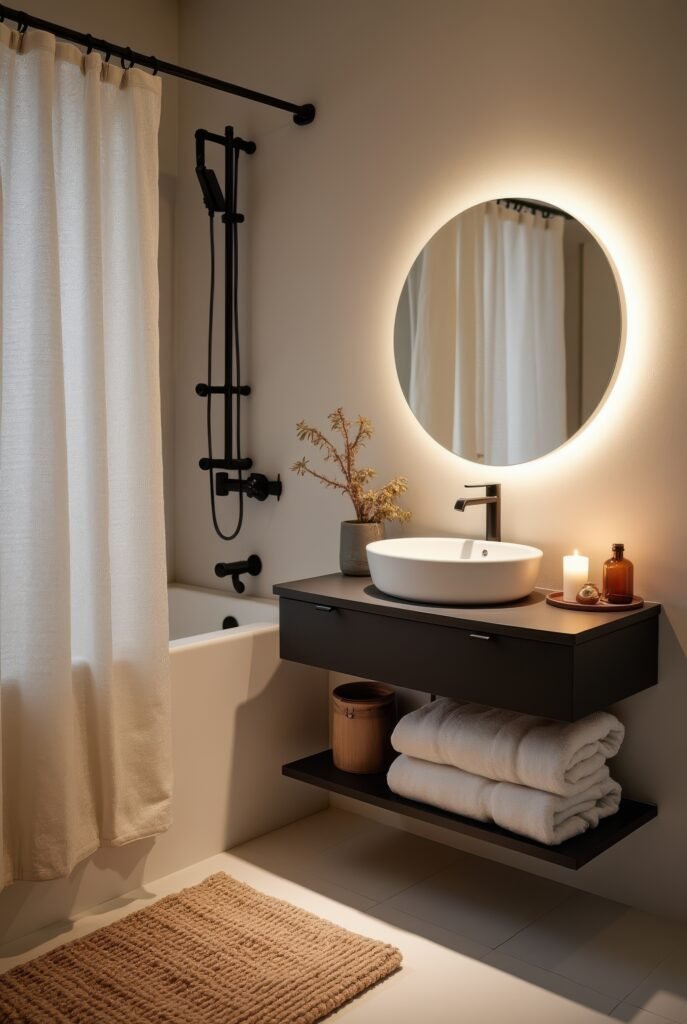 Japandi Bathroom: 7 Must-Know Tips for an Amazing Zen Look 4 Japandi bathroom with a black floating vanity, round backlit mirror, vessel sink, and a bathtub with matte black fixtures.