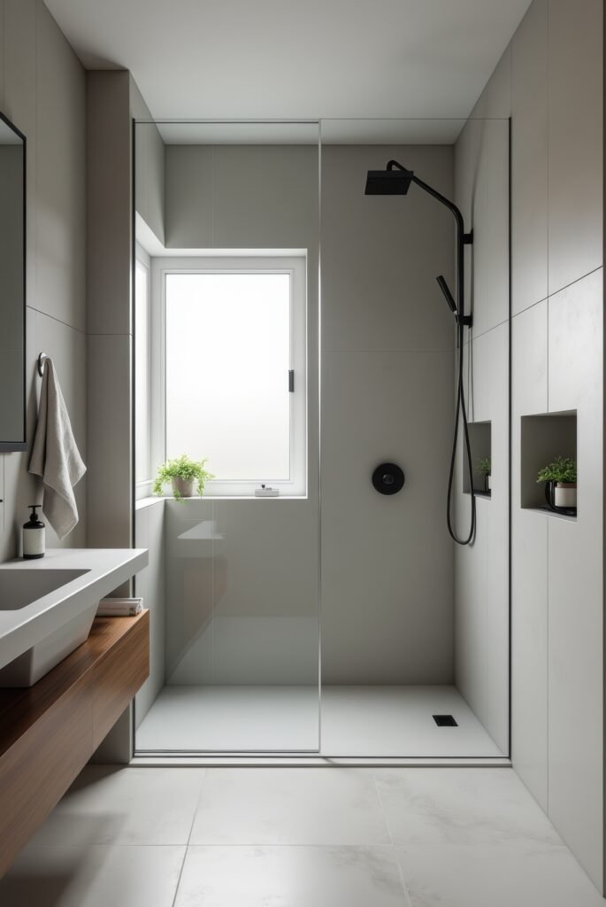 Scandinavian Bathroom: 15 Amazing Ideas for a Calm Space 5 Scandinavian bathroom with a glass-enclosed shower, black fixtures, built-in shelves, and a wood vanity, lit by a frosted window.