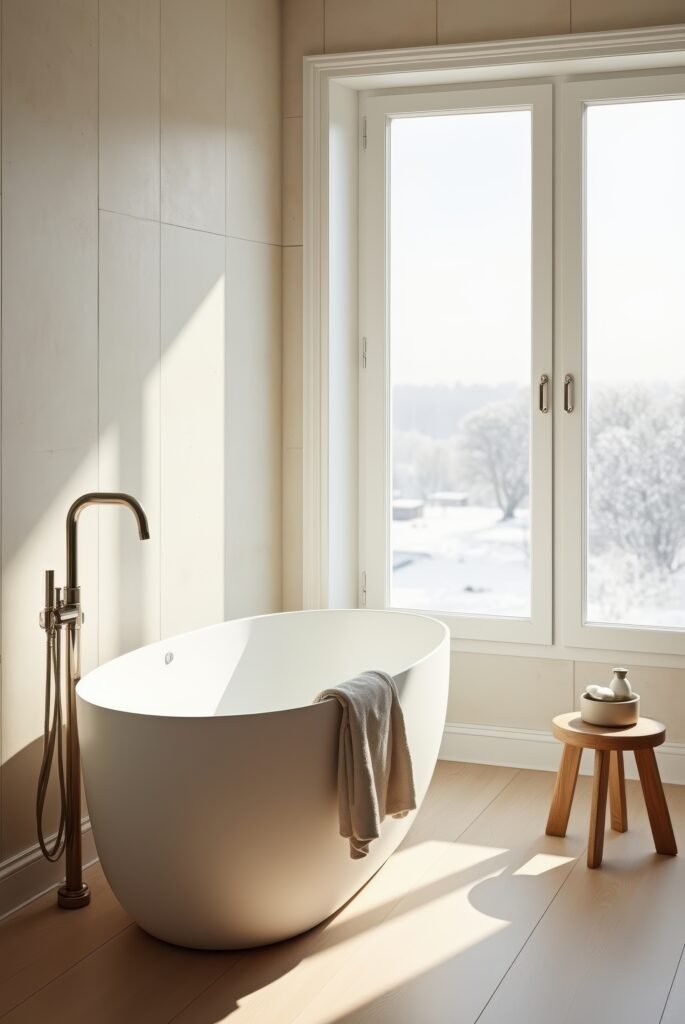 Scandinavian Bathroom: 15 Amazing Ideas for a Calm Space 6 Scandinavian bathroom with a freestanding tub, floor-mounted faucet, and a wooden stool, bathed in natural light from large windows.
