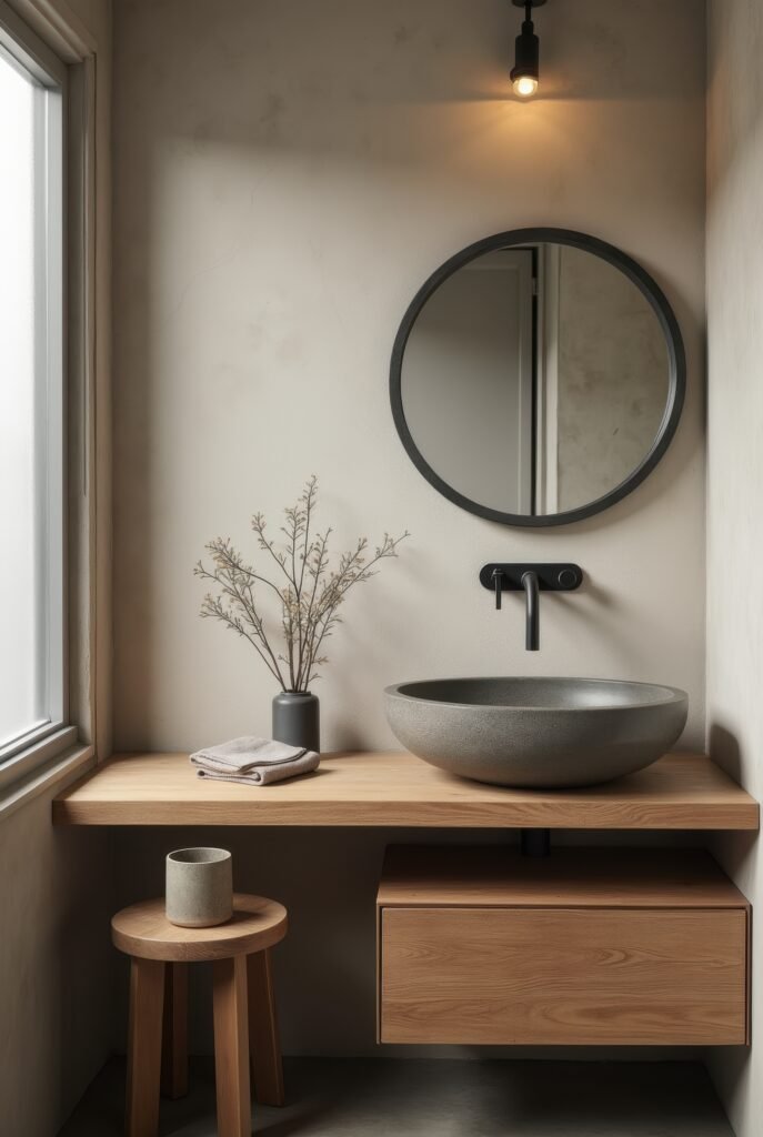Japandi Bathroom: 7 Must-Know Tips for an Amazing Zen Look 5 Japandi bathroom with a wood vanity, stone vessel sink, round mirror, and minimalist decor in soft, earthy tones.