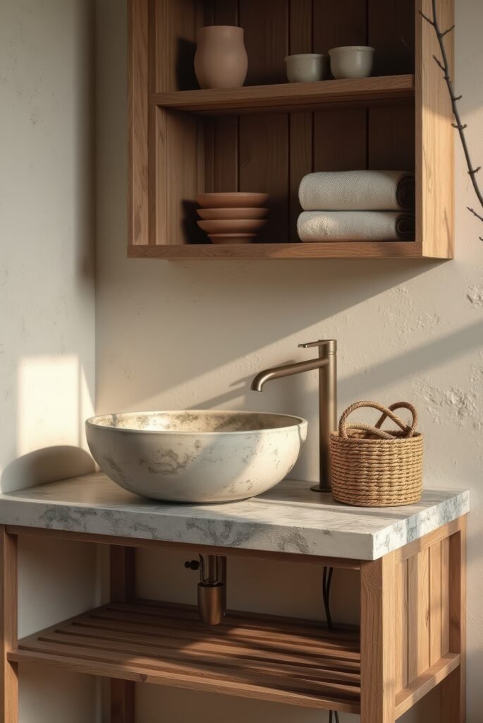 Wabi Sabi Bathroom: 15 Proven Tips to Transform Your Space 5 Wabi Sabi bathroom with a textured stone sink, brass faucet, and wooden shelving adorned with ceramics and towels in soft natural light.