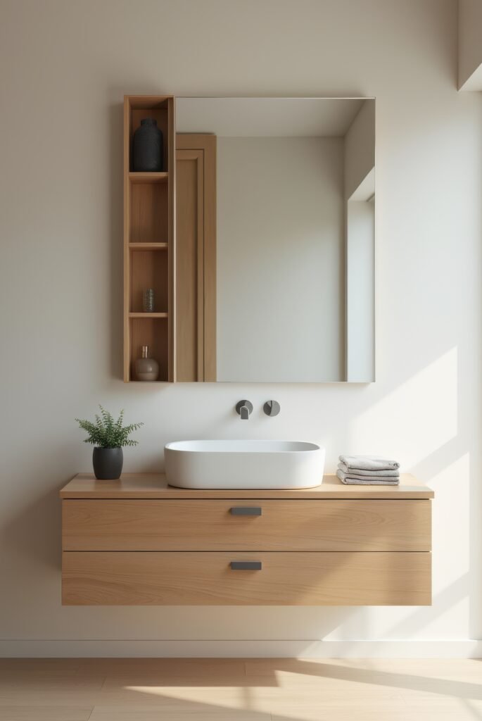 Scandinavian Bathroom: 15 Amazing Ideas for a Calm Space 7 Scandinavian bathroom with a floating wood vanity, white vessel sink, wall-mounted faucet, and a large mirror with built-in shelving.