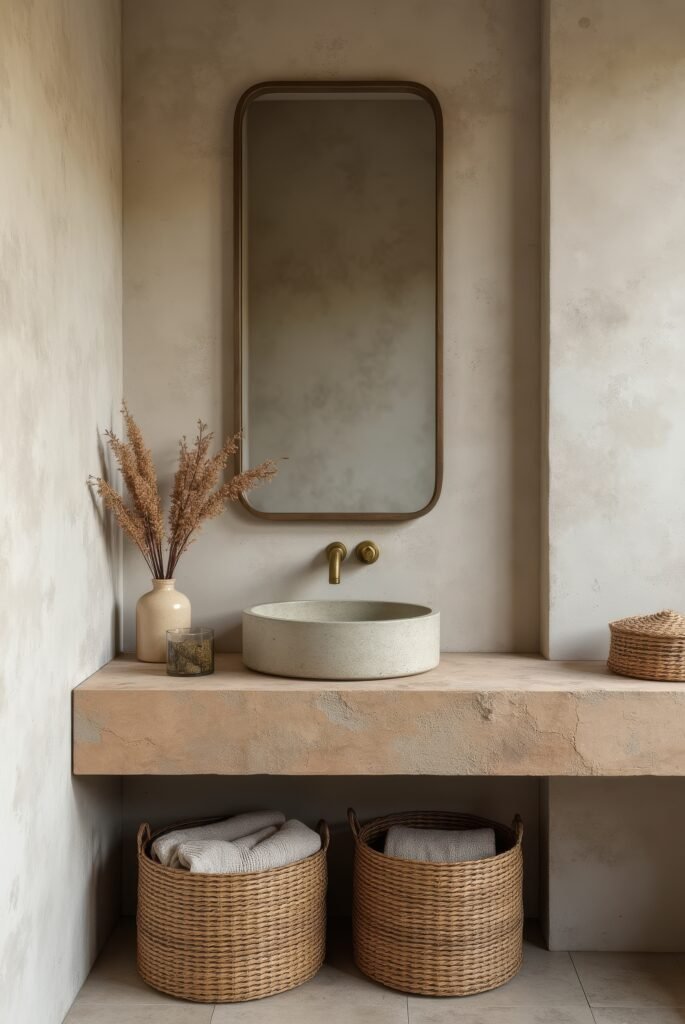 Wabi Sabi Bathroom: 15 Proven Tips to Transform Your Space 6 Wabi Sabi bathroom with a stone sink, brass faucet, textured walls, and woven baskets, creating a warm, organic, and minimalist space.