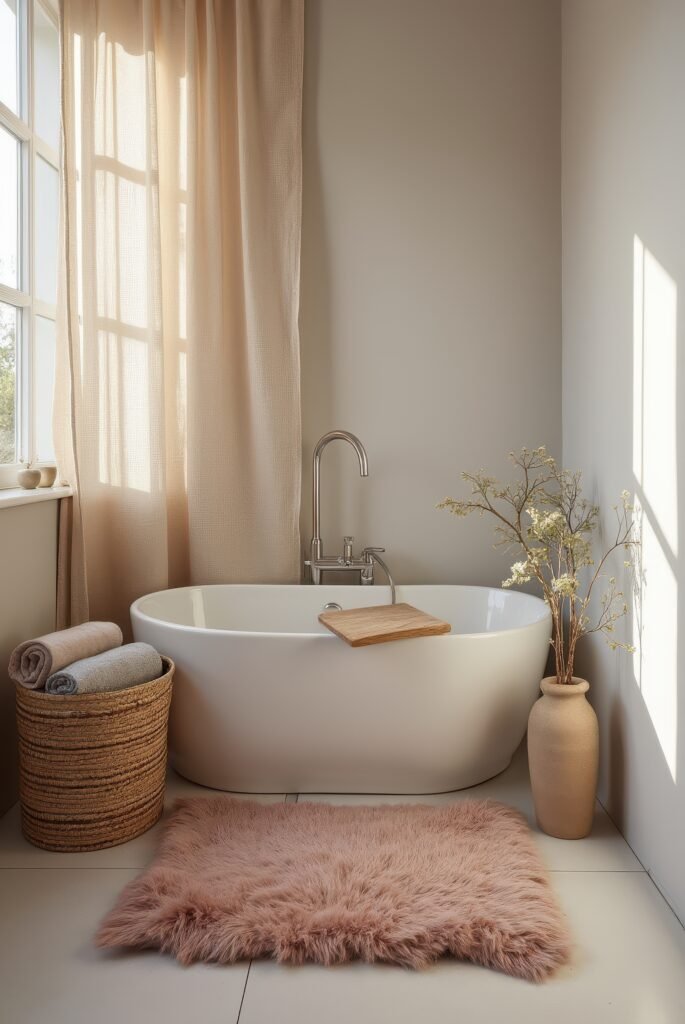 Scandinavian Bathroom: 15 Amazing Ideas for a Calm Space 8 Scandinavian bathroom with a freestanding tub, soft beige curtains, woven basket with towels, and a plush pink rug in warm natural light.