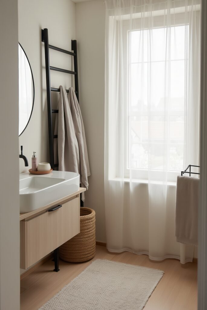 Scandinavian Bathroom: 15 Amazing Ideas for a Calm Space 9 Scandinavian bathroom with a wood vanity, black ladder towel rack, sheer curtains, and soft textiles in warm natural light.