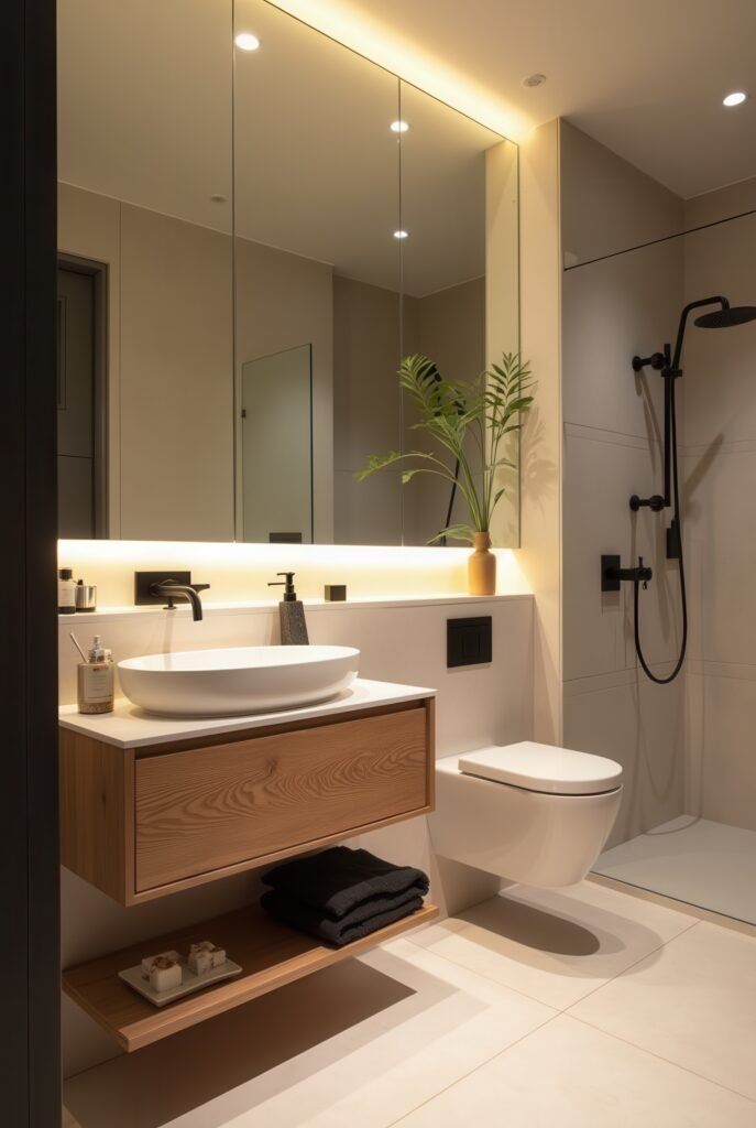 Japandi Bathroom: 7 Must-Know Tips for an Amazing Zen Look 7 Japandi bathroom with a wood floating vanity, vessel sink, soft backlighting, and a walk-in shower with matte black fixtures.