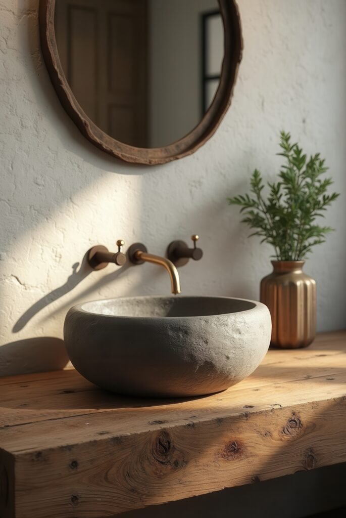 Wabi Sabi Bathroom: 15 Proven Tips to Transform Your Space 7 Wabi Sabi bathroom with a rough stone sink, brass wall-mounted faucet, rustic wood vanity, and a weathered mirror in warm sunlight.
