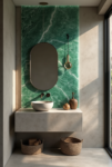 Scandinavian Bathroom: 15 Amazing Ideas for a Calm Space Organic modern bathroom with a floating vanity, vessel sink, arched mirror, green marble accent wall, and woven storage baskets.