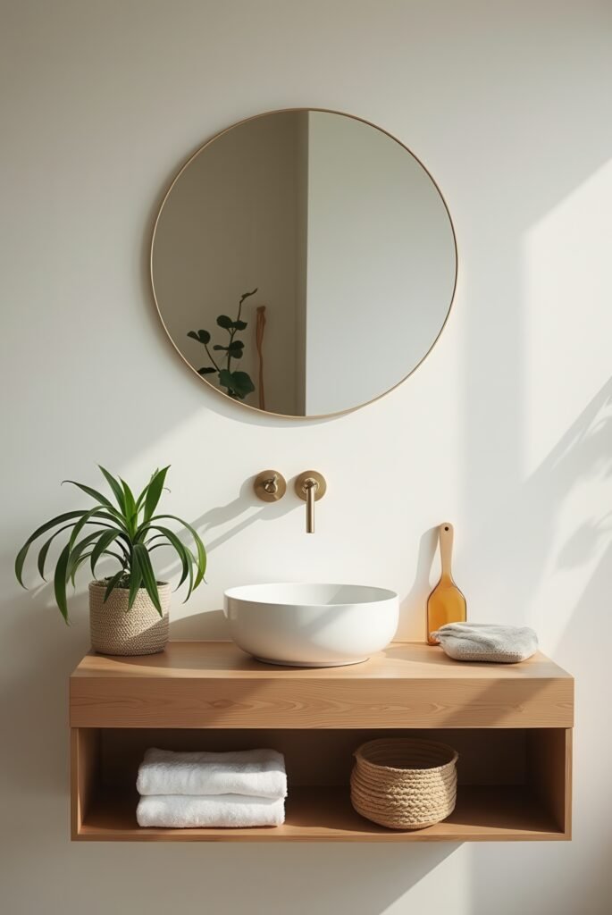 Scandinavian Bathroom: 15 Amazing Ideas for a Calm Space 10 Scandinavian bathroom with a floating wood vanity, white vessel sink, brass faucet, round mirror, and natural accents in soft sunlight.