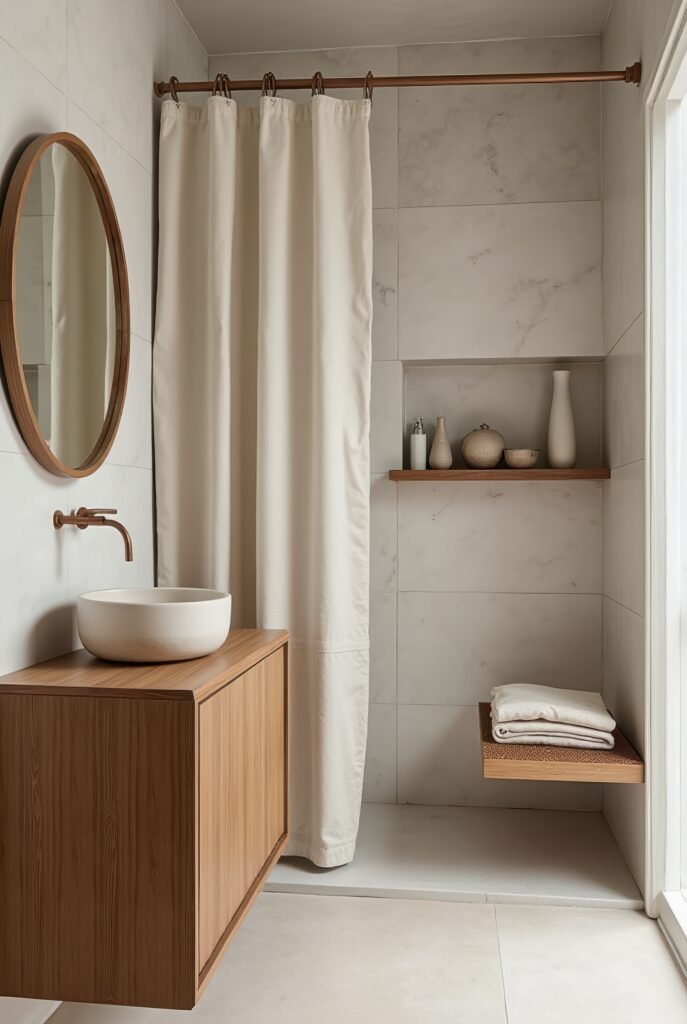 Japandi Bathroom: 7 Must-Know Tips for an Amazing Zen Look 8 Japandi bathroom with a wood vanity, white vessel sink, brass fixtures, and a serene shower area with neutral tones and soft textures.