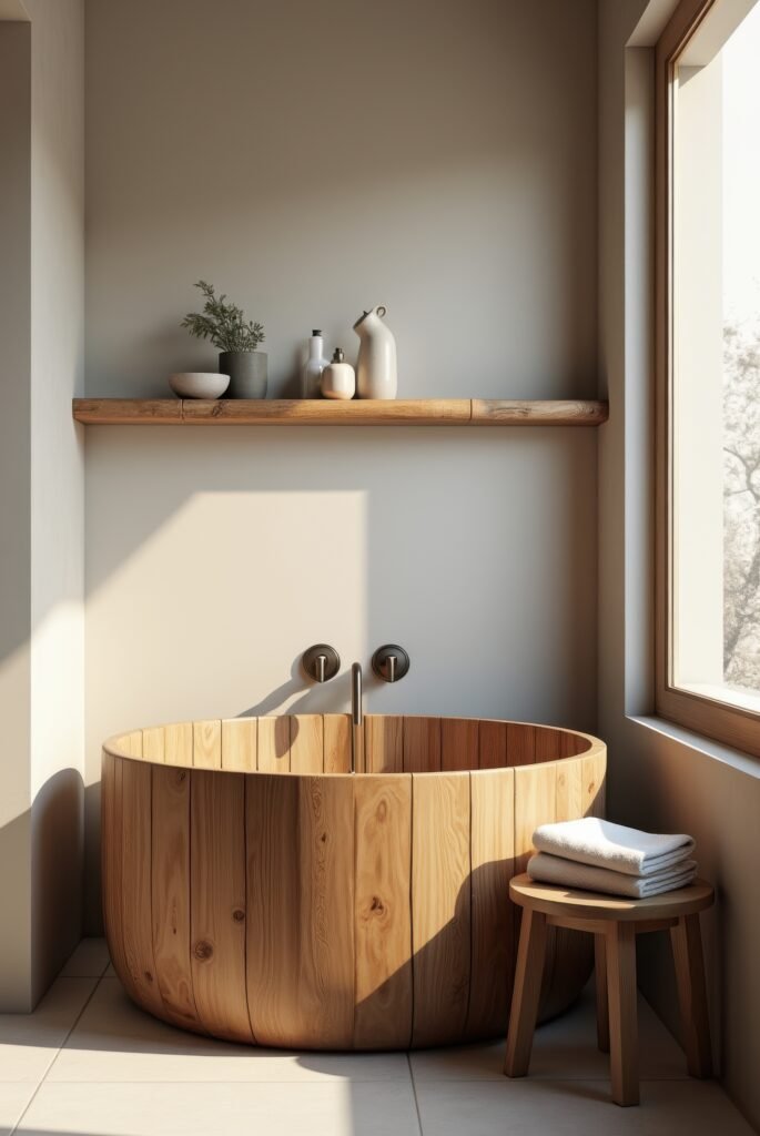 Wabi Sabi Bathroom: 15 Proven Tips to Transform Your Space 8 Wabi Sabi bathroom with a round wooden soaking tub, minimalist decor, and soft natural light creating a serene, spa-like atmosphere.