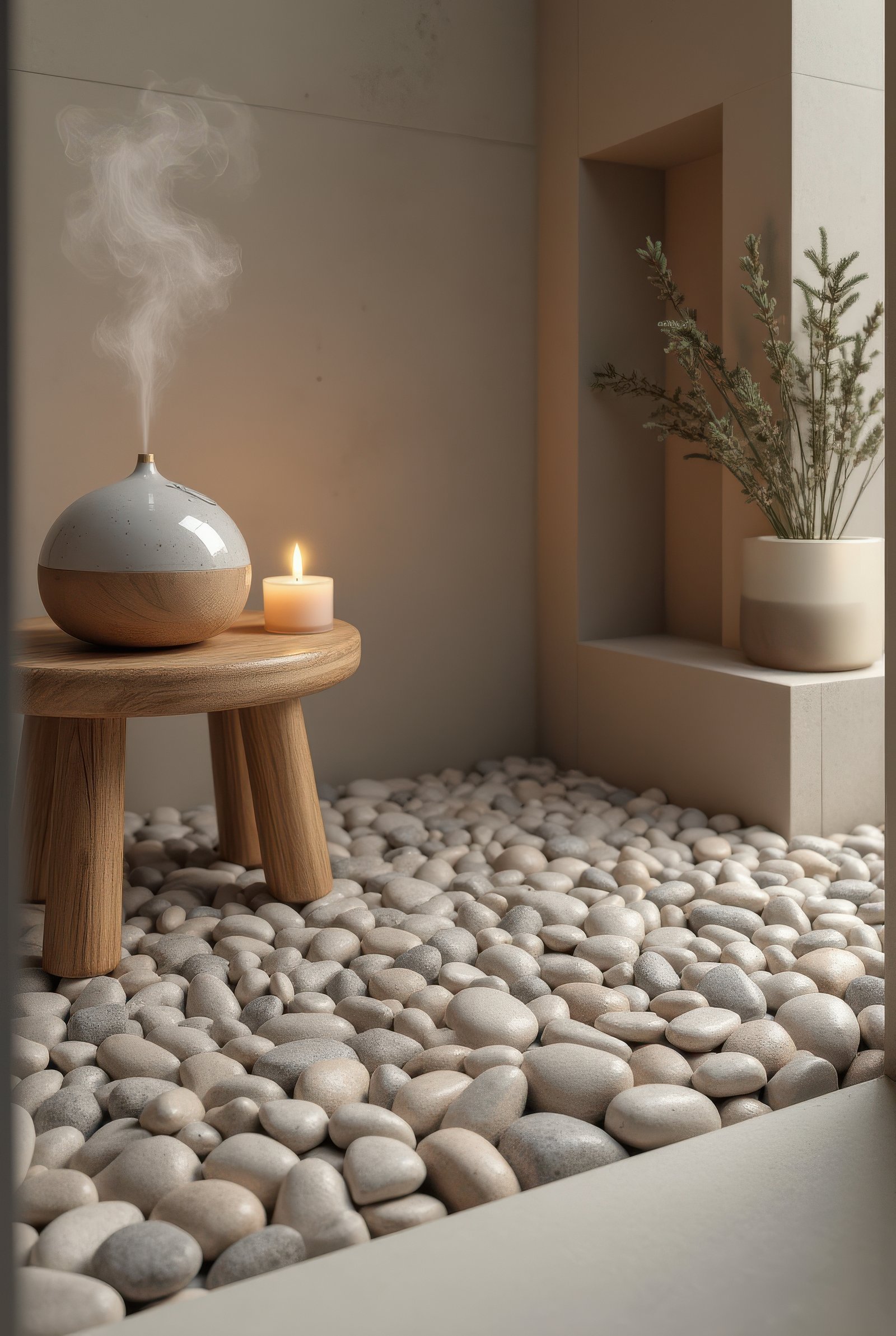 Zen bathroom corner with smooth river stones, a wooden stool holding a ceramic diffuser and candle, and a recessed shelf with greenery.